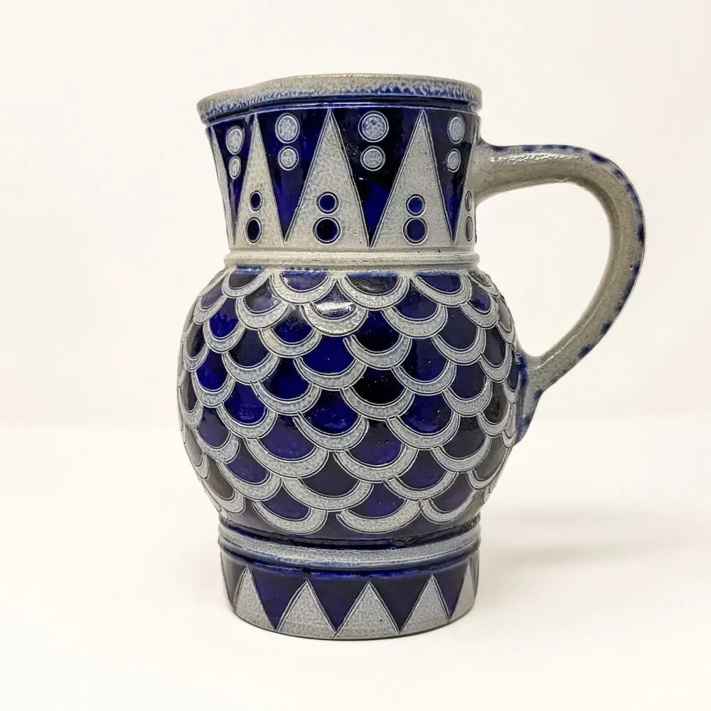 Erphila France Blue Stoneware Pitcher Jug Relief Pottery Mid Century Vintage